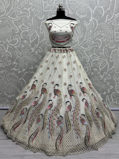 Alluring White Multi - Thread Work Net Bridesmaid Lehenga Choli With Dupatta - Ethnic Plus In